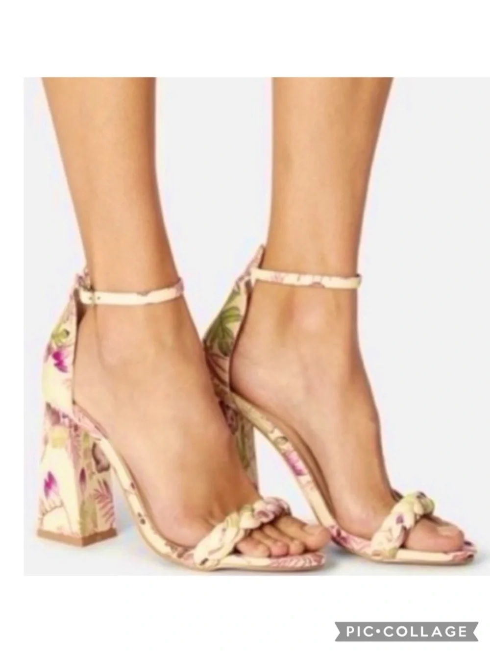 JustFab Tami Sandal Floral Yellow Ankle Strap Block Heel 10 Garden Cocktail